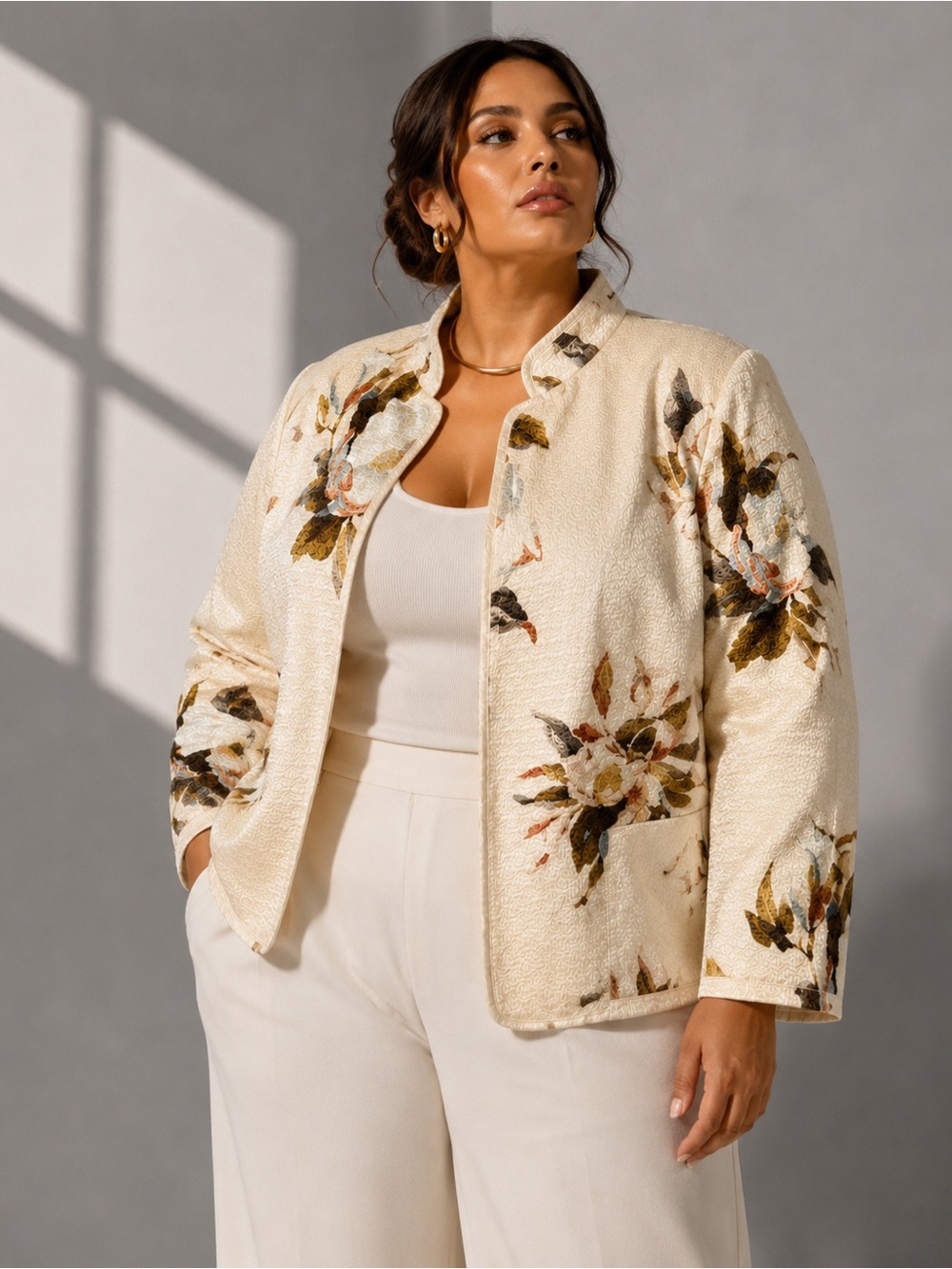 Linda Allard Ellen Tracy Floral Textured Jacket Cream Brocade Coatigan Size 18